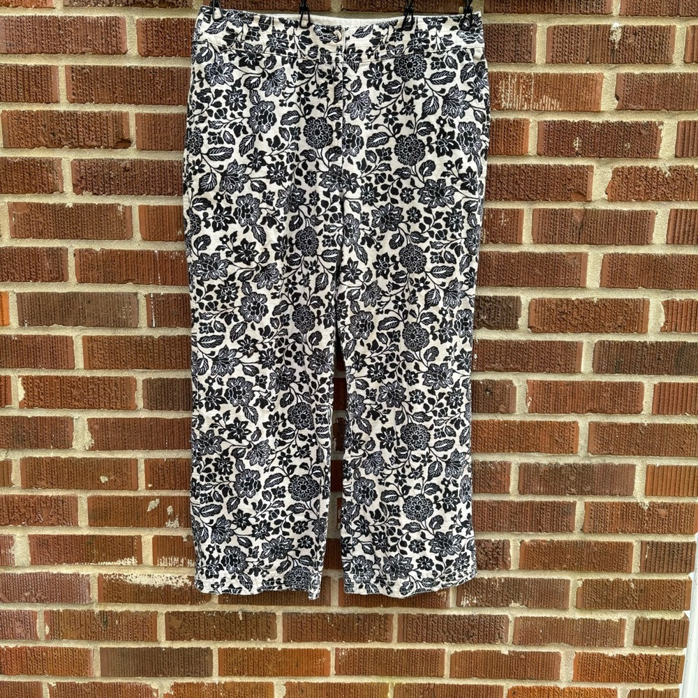 SIGRID OLSEN Navy Cream Linen blend Pants Crop Wide Leg Lagenlook Floral Sz 12